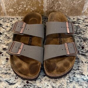 Birkenstock Taupe Sandals with Rose Gold Buckles